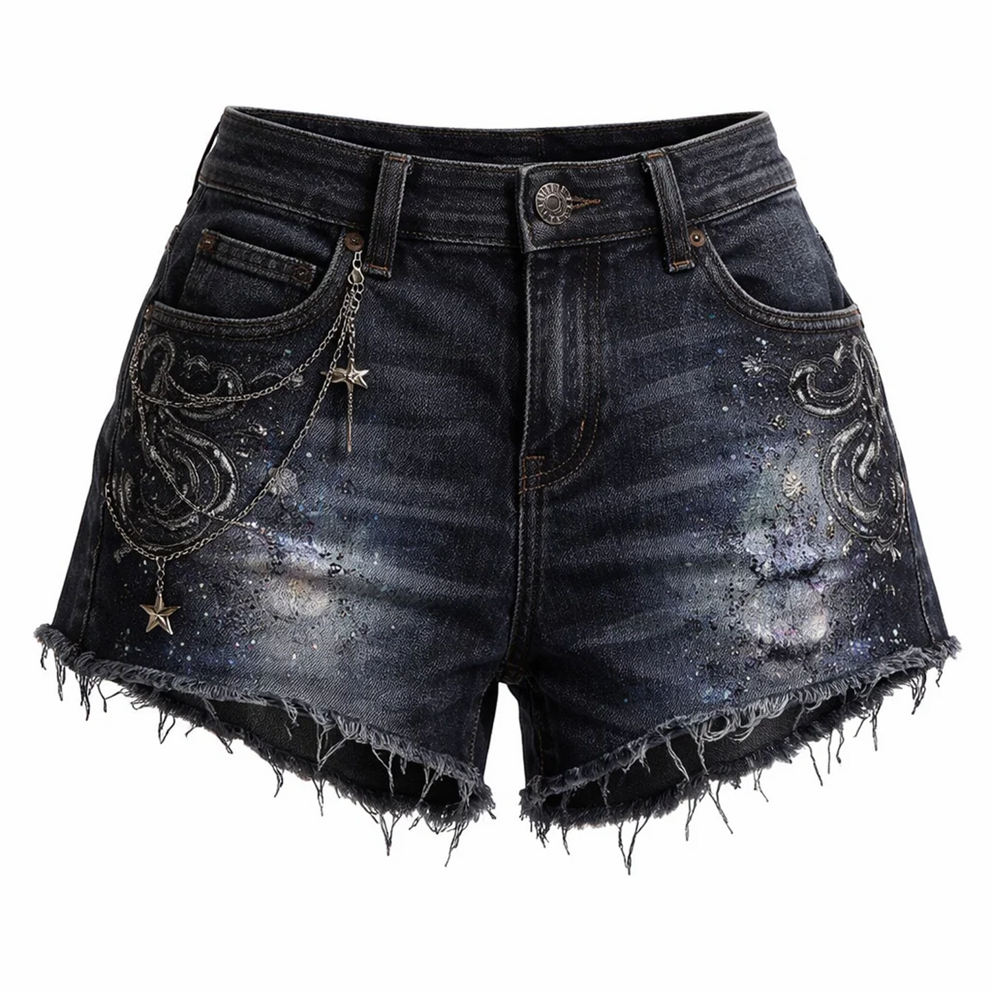 Dark Wash Distressed Denim Shorts – Embroidered Detail & Star Chain Accent