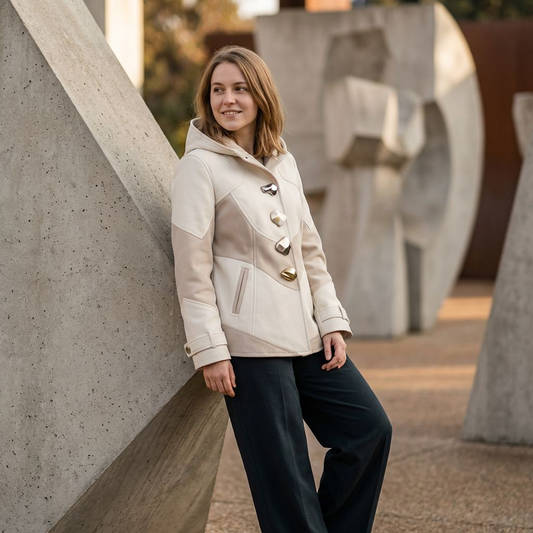 Women’s Colorblock Hooded Coat – Cream & Taupe Button-Up Jacket with Statement Hardware