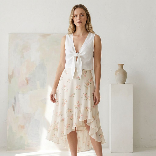 Ivory Floral Ruffle Maxi Skirt – Asymmetrical Hem Tiered Chiffon Look