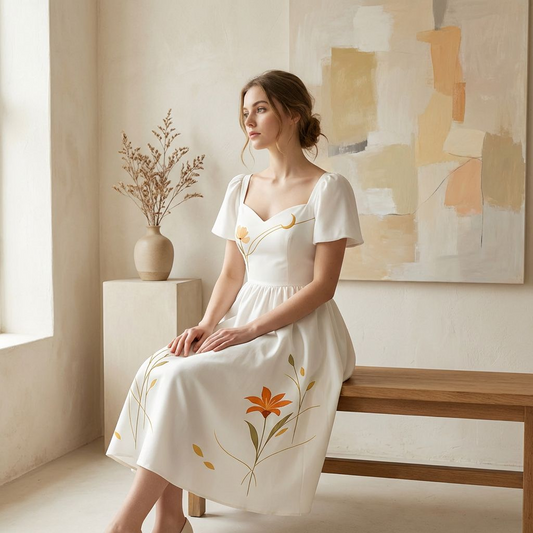 Ivory Floral Off-Shoulder Midi Dress – Sweetheart Neckline Fit & Flare