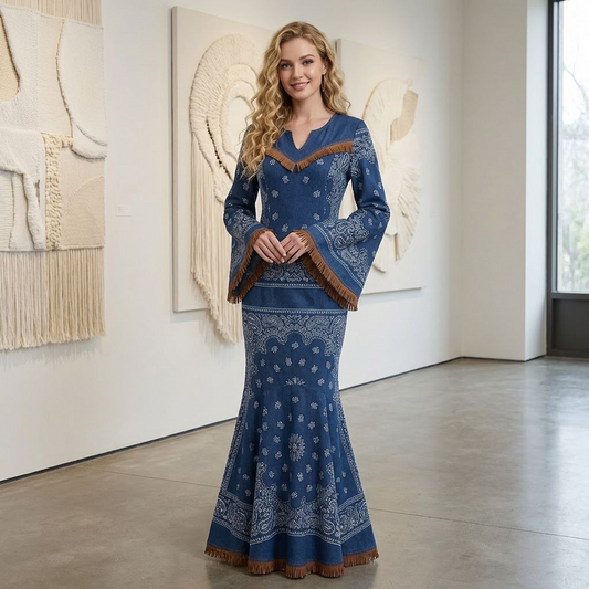 Denim Bandana Print Mermaid Maxi Dress – Fringe Trim Bell Sleeves