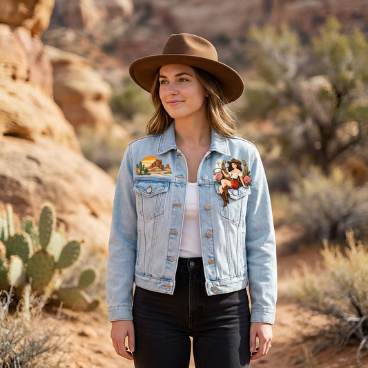 Light Wash Western Graphic Denim Jacket – Button-Front Trucker with Desert & Cowgirl Art