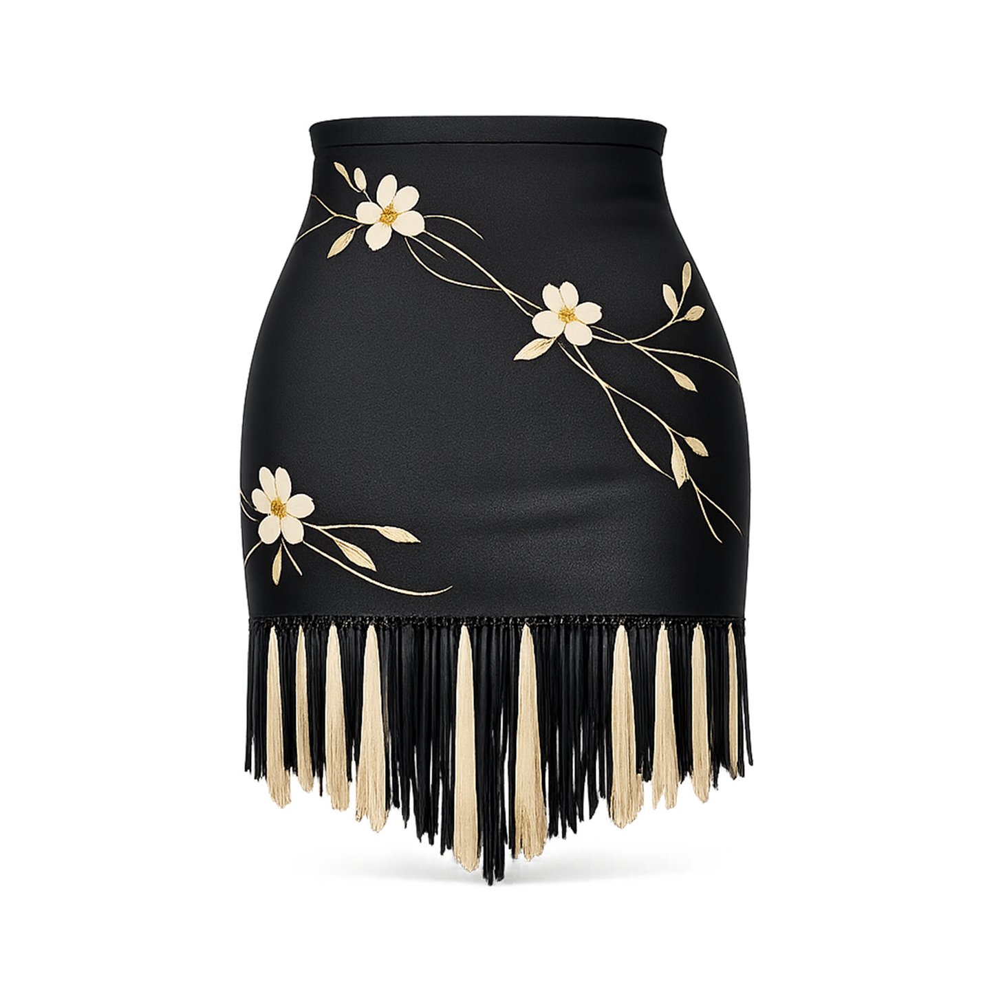 Black Embroidered Fringe Mini Skirt – Floral Appliqué Tassel Hem