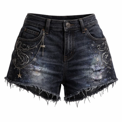 Dark Wash Distressed Denim Shorts – Embroidered Detail &amp; Star Chain Accent