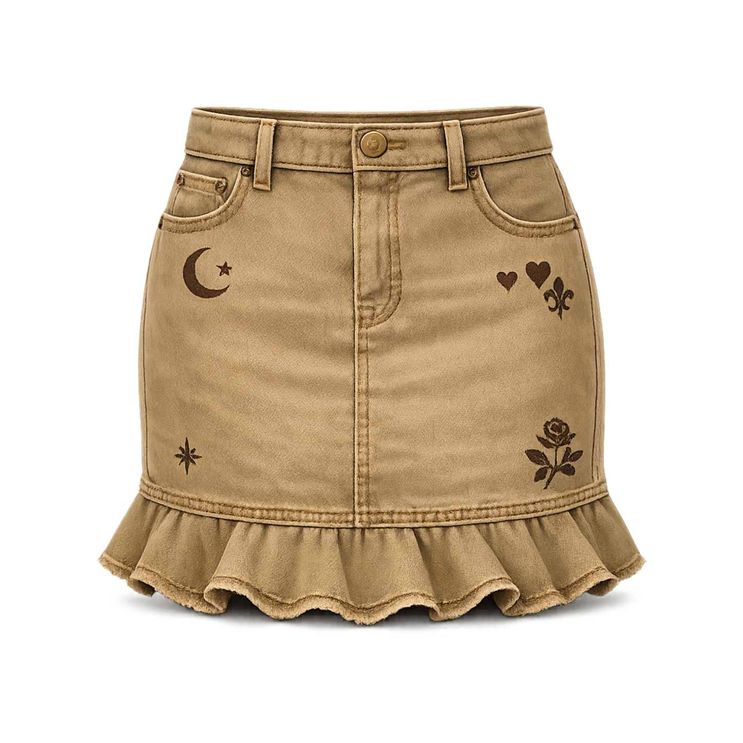 Khaki Ruffle Hem Denim Mini Skirt – Moon &amp; Heart Print