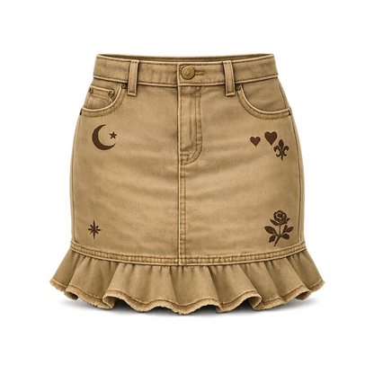 Khaki Ruffle Hem Denim Mini Skirt – Moon &amp; Heart Print