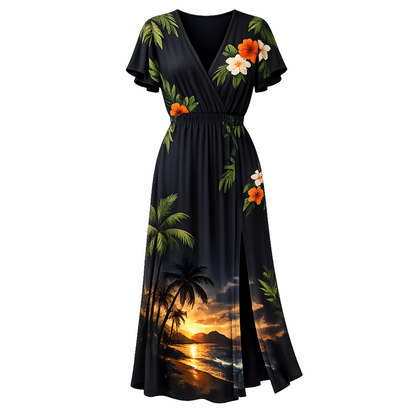 Black Tropical Sunset Wrap Maxi Dress – Flutter Sleeve V-Neck Split Hem