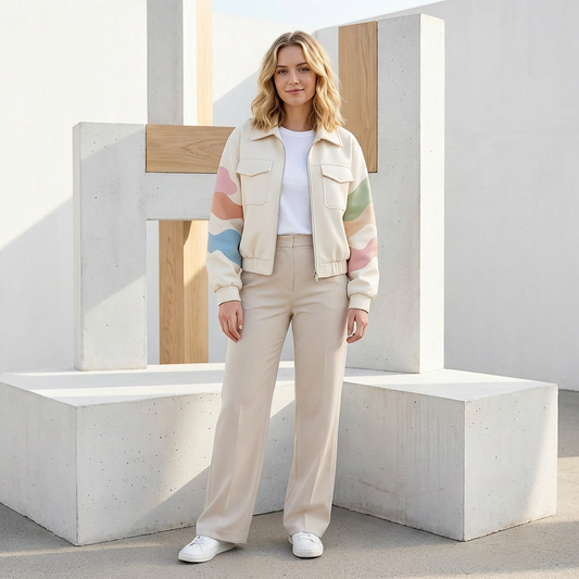 Women’s Cream Zip-Up Jacket – Pastel Wave Sleeve Bomber with Utility Pockets