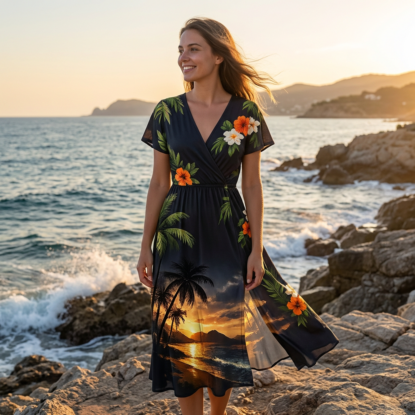 Black Tropical Sunset Wrap Maxi Dress – Flutter Sleeve V-Neck Split Hem