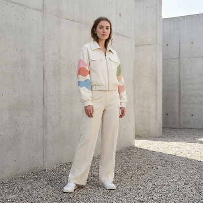 Women’s Cream Zip-Up Jacket – Pastel Wave Sleeve Bomber with Utility Pockets