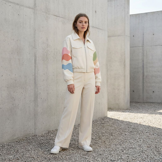 Women’s Cream Zip-Up Jacket – Pastel Wave Sleeve Bomber with Utility Pockets