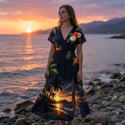 Black Tropical Sunset Wrap Maxi Dress – Flutter Sleeve V-Neck Split Hem