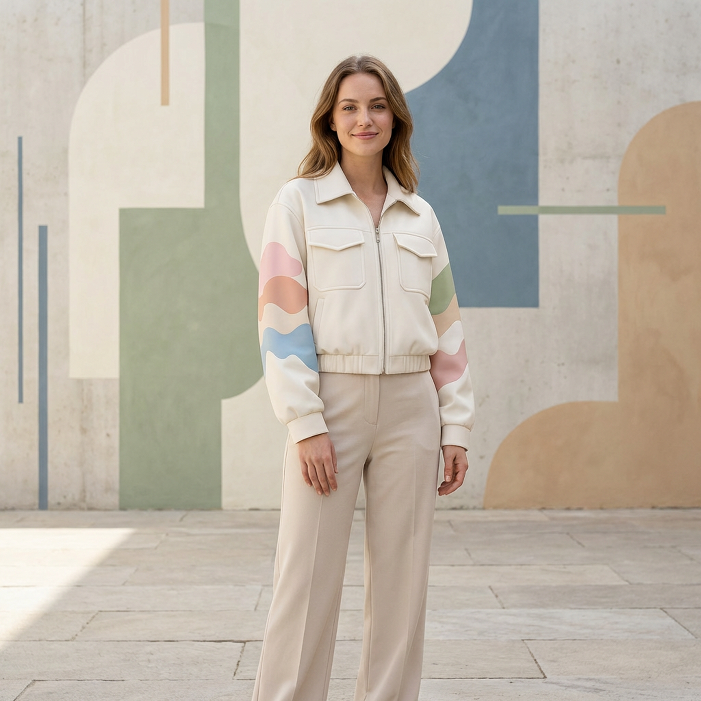 Women’s Cream Zip-Up Jacket – Pastel Wave Sleeve Bomber with Utility Pockets