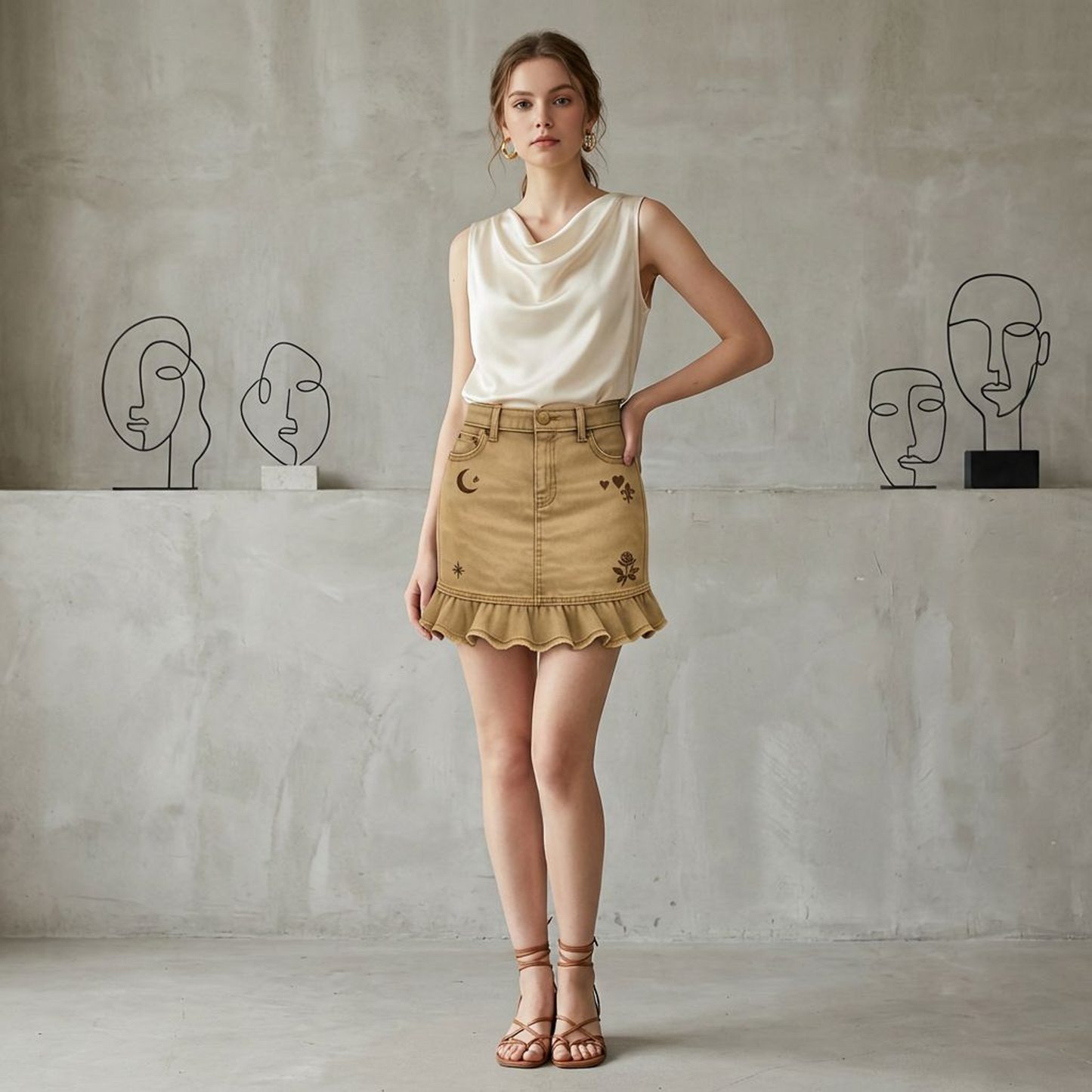 Khaki Ruffle Hem Denim Mini Skirt – Moon &amp; Heart Print