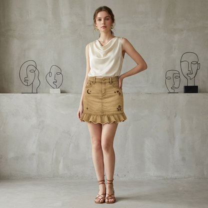 Khaki Ruffle Hem Denim Mini Skirt – Moon &amp; Heart Print