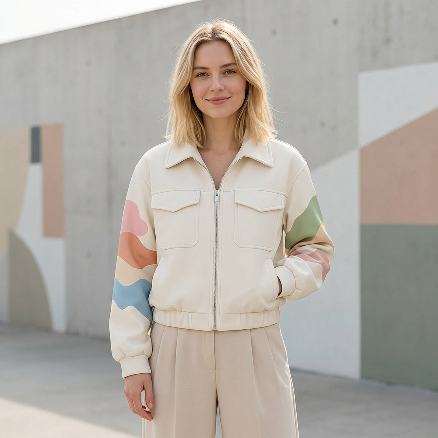 Women’s Cream Zip-Up Jacket – Pastel Wave Sleeve Bomber with Utility Pockets