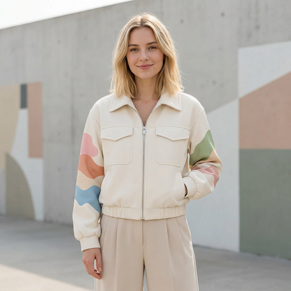 Women’s Cream Zip-Up Jacket – Pastel Wave Sleeve Bomber with Utility Pockets