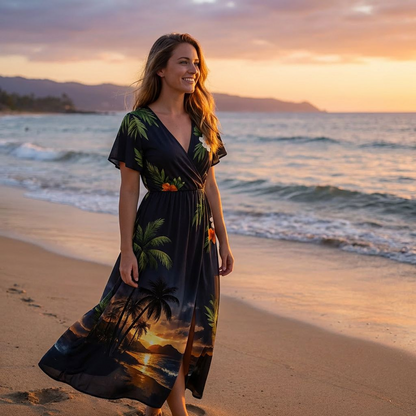 Black Tropical Sunset Wrap Maxi Dress – Flutter Sleeve V-Neck Split Hem