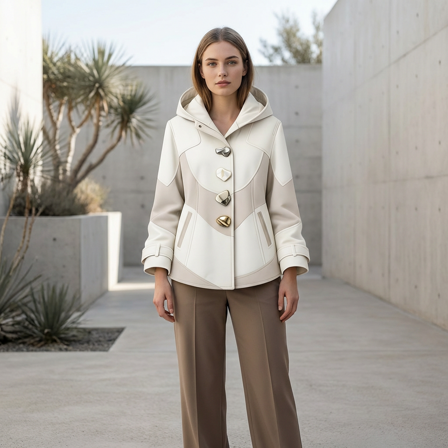 Women’s Colorblock Hooded Coat – Cream &amp; Taupe Button-Up Jacket with Statement Hardware