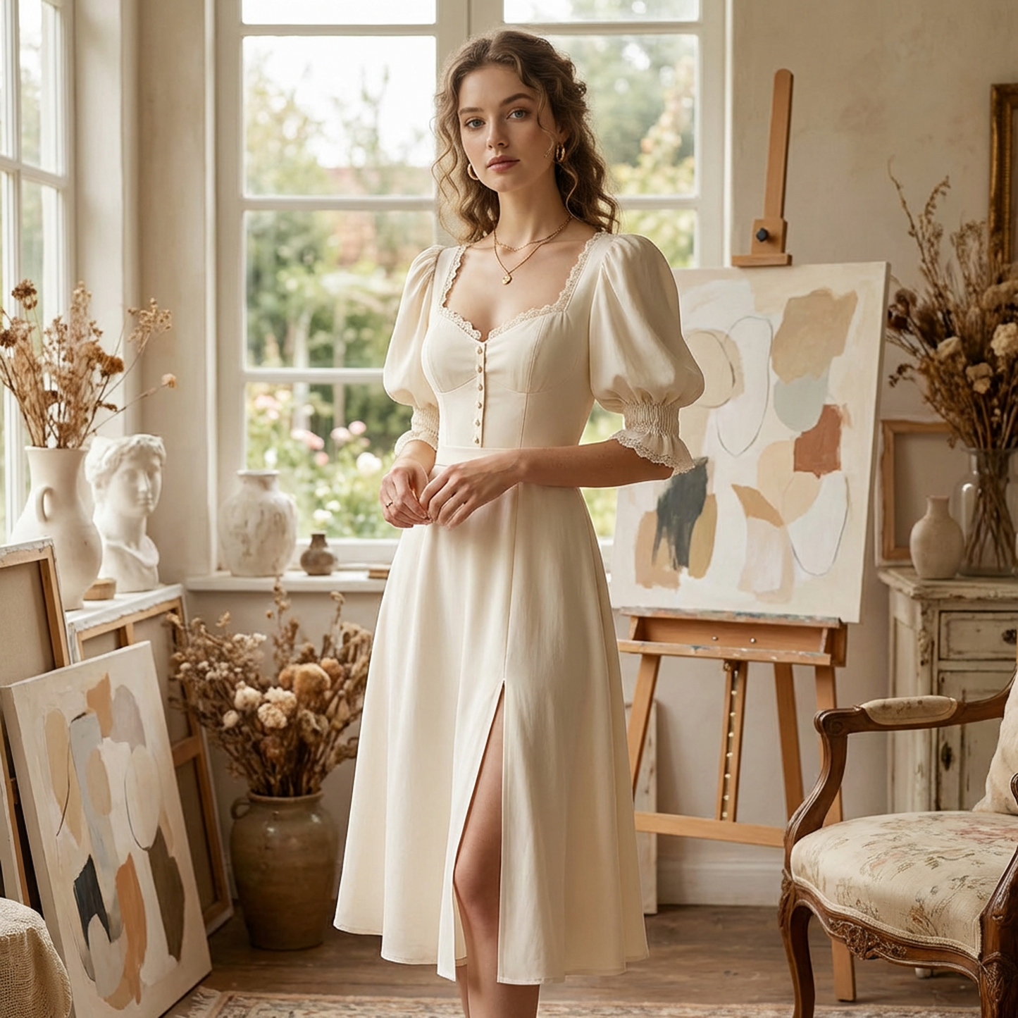 Ivory Puff Sleeve Midi Dress – Lace Trim Sweetheart Neckline Button Front Split