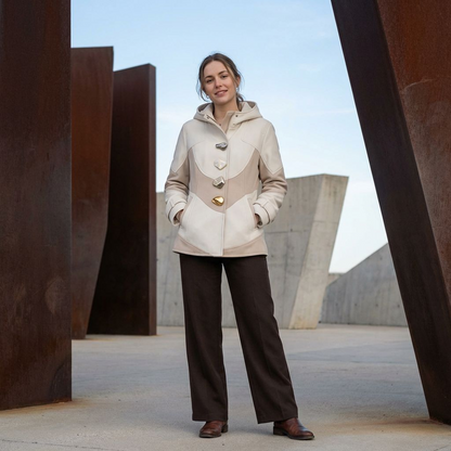 Women’s Colorblock Hooded Coat – Cream &amp; Taupe Button-Up Jacket with Statement Hardware