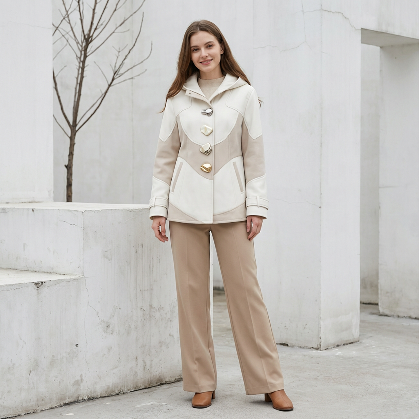 Women’s Colorblock Hooded Coat – Cream &amp; Taupe Button-Up Jacket with Statement Hardware