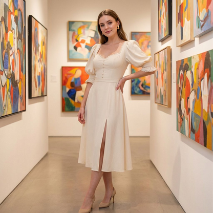 Ivory Puff Sleeve Midi Dress – Lace Trim Sweetheart Neckline Button Front Split