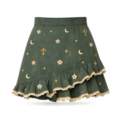 Forest Green Asymmetrical Ruffle Mini Skirt – Moon &amp; Floral Print Lace Trim