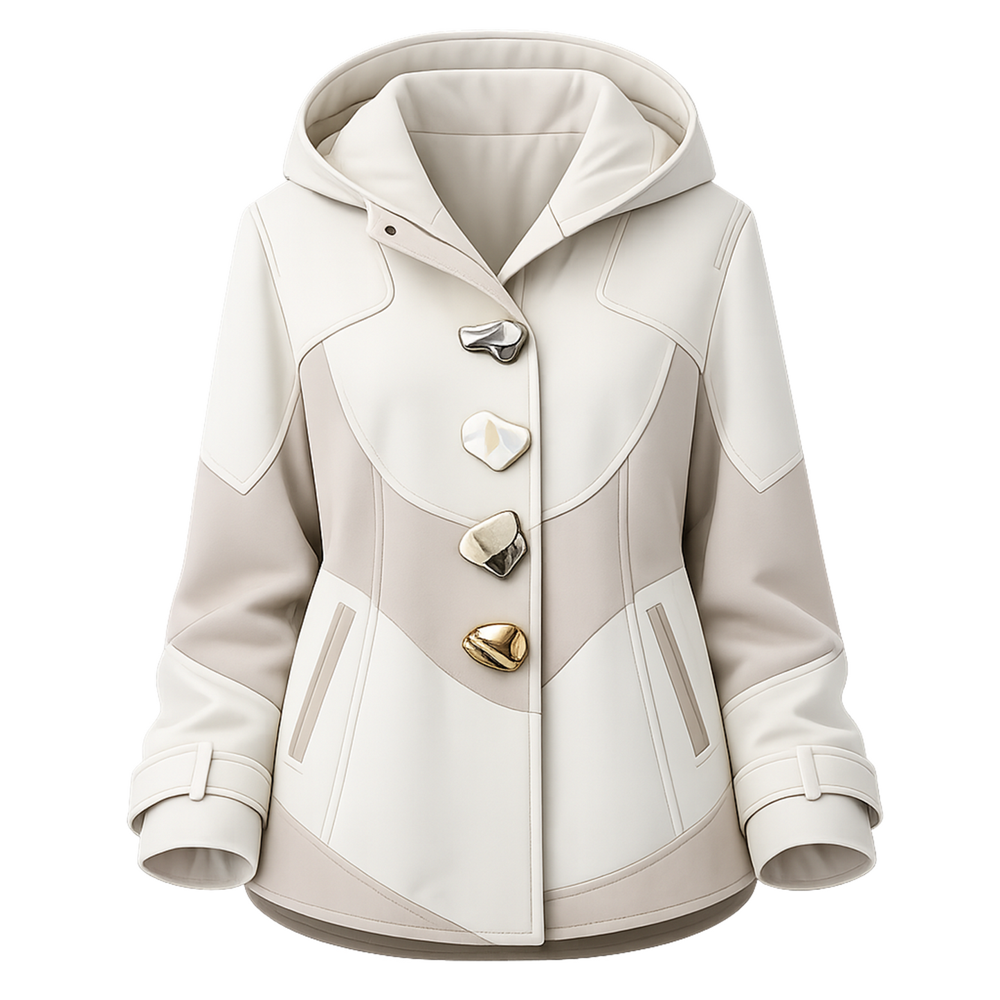 Women’s Colorblock Hooded Coat – Cream &amp; Taupe Button-Up Jacket with Statement Hardware