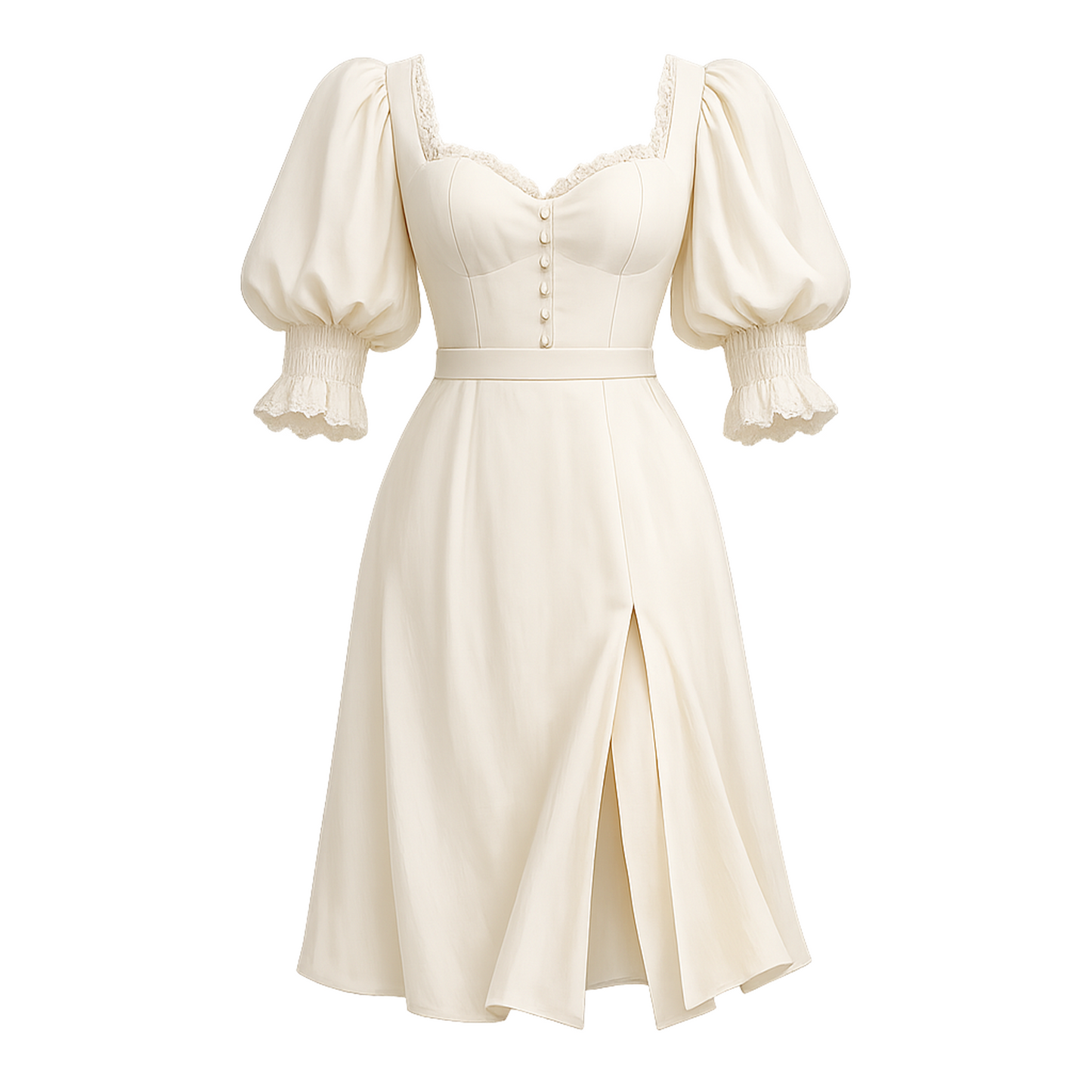 Ivory Puff Sleeve Midi Dress – Lace Trim Sweetheart Neckline Button Front Split