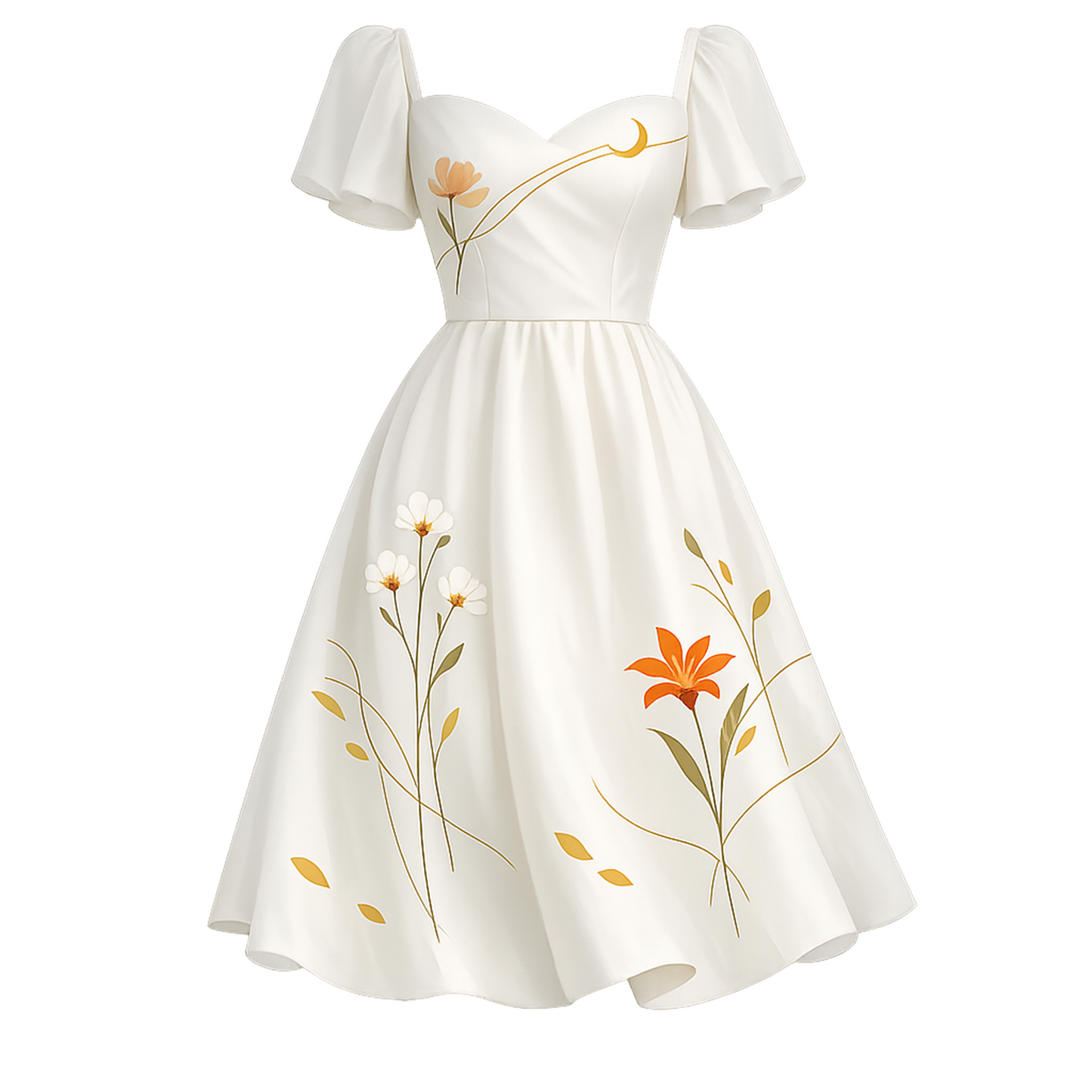 Ivory Floral Off-Shoulder Midi Dress – Sweetheart Neckline Fit &amp; Flare