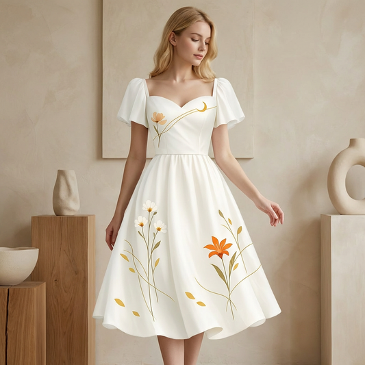 Ivory Floral Off-Shoulder Midi Dress – Sweetheart Neckline Fit &amp; Flare