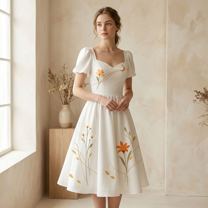 Ivory Floral Off-Shoulder Midi Dress – Sweetheart Neckline Fit &amp; Flare