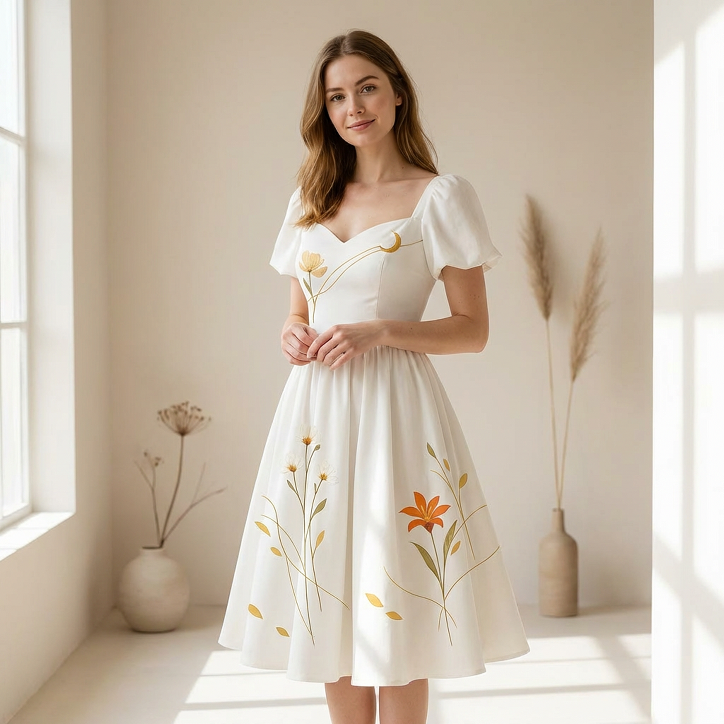 Ivory Floral Off-Shoulder Midi Dress – Sweetheart Neckline Fit &amp; Flare