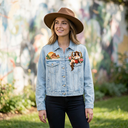 Light Wash Western Graphic Denim Jacket – Button-Front Trucker with Desert &amp; Cowgirl Art