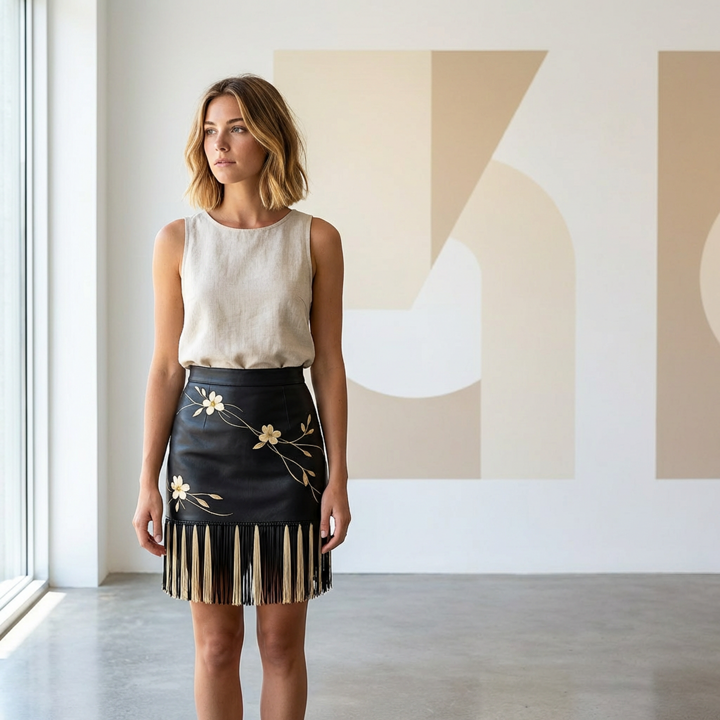 Black Embroidered Fringe Mini Skirt – Floral Appliqué Tassel Hem