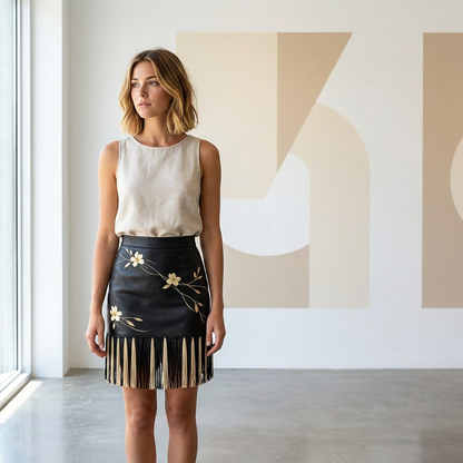Black Embroidered Fringe Mini Skirt – Floral Appliqué Tassel Hem